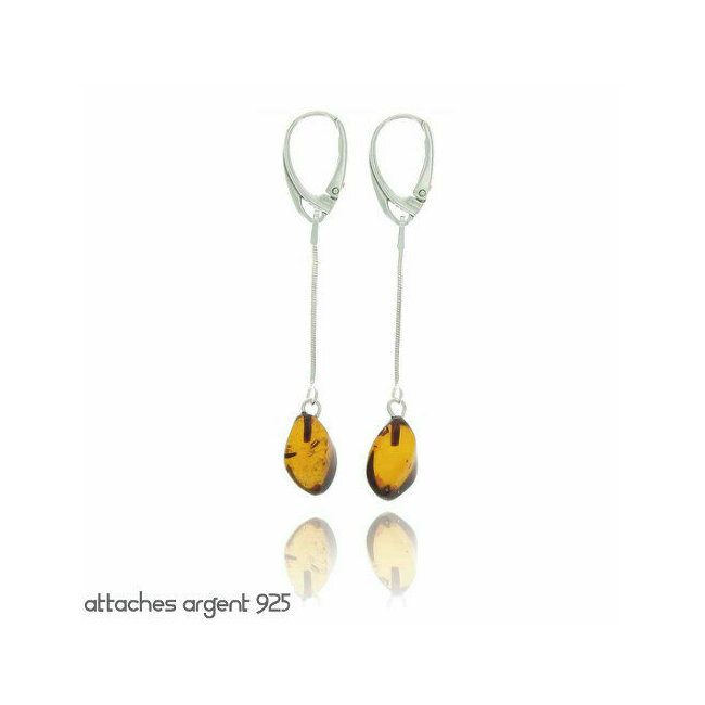 Boucles d'oreilles pendants longs ambre et argent