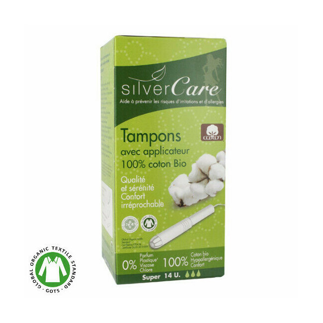 Tampons en coton bio avec applicateur Super Silvercare *14