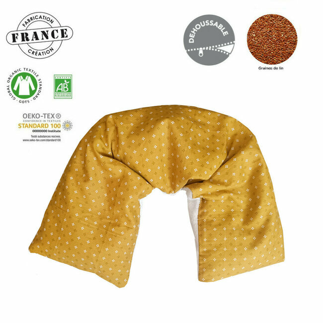 Bandeau naturel chauffant Cervicales et dos "Moutarde chic" en coton et Lin bio