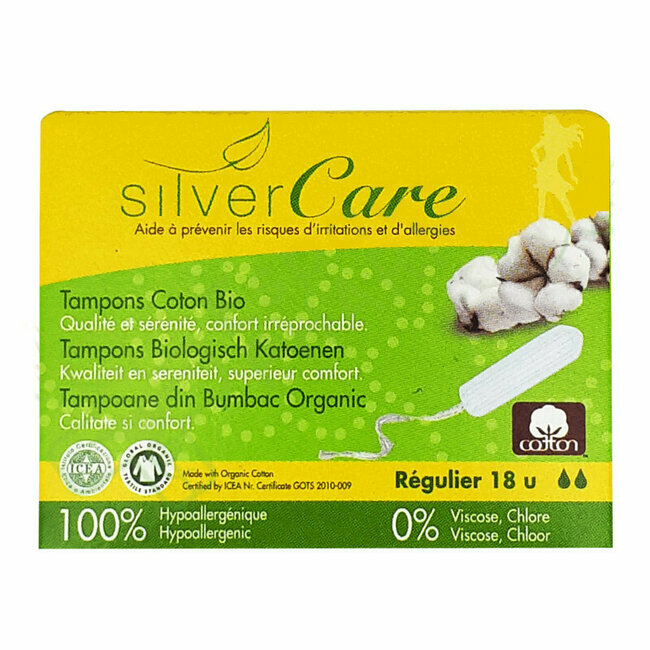 Tampons en coton bio Sans applicateur Régulier Silvercare *18