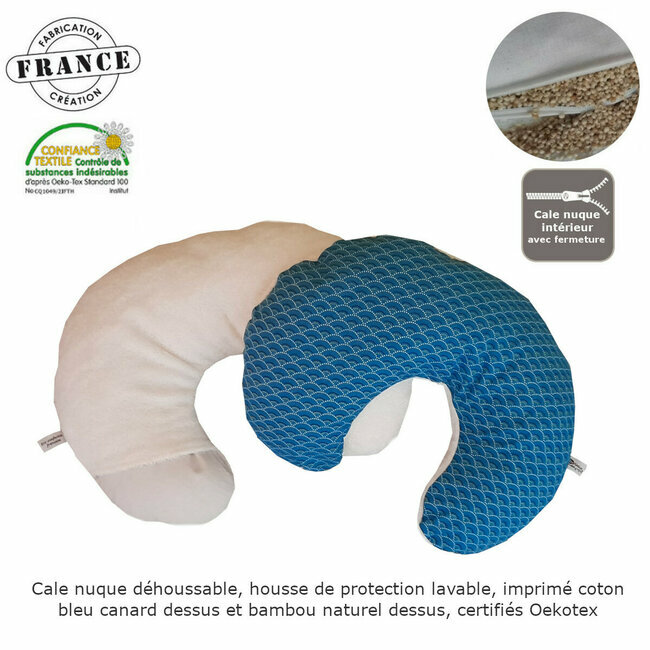 Cale nuque voyage déhoussable coton motifs Ming bleu canard et millet bio