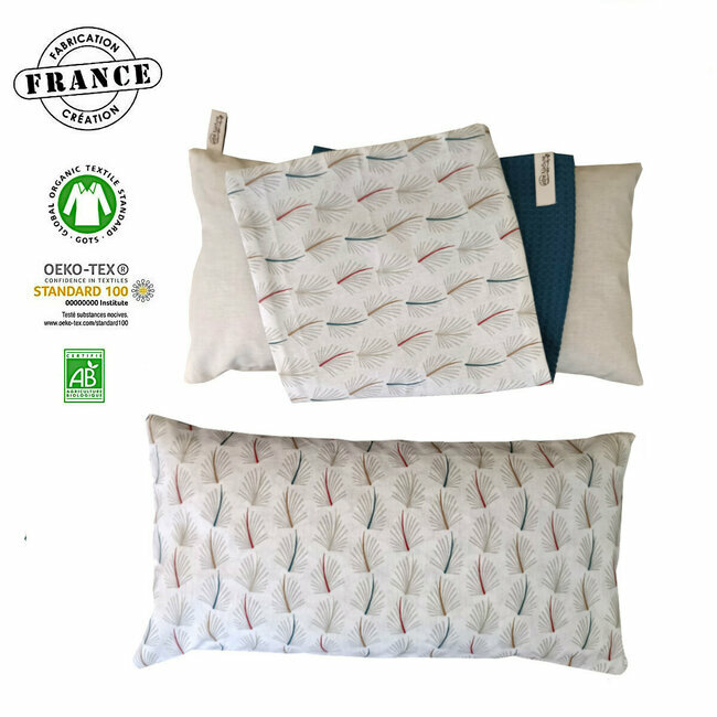 Coussin Détente Relaxation en millet bio avec taie imprimée "Palmiers bleus" 20*40