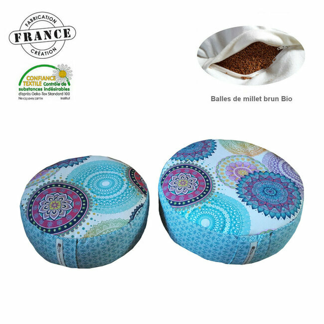 Zafu yoga méditation Mandalas Turquoise Coton et millet bio