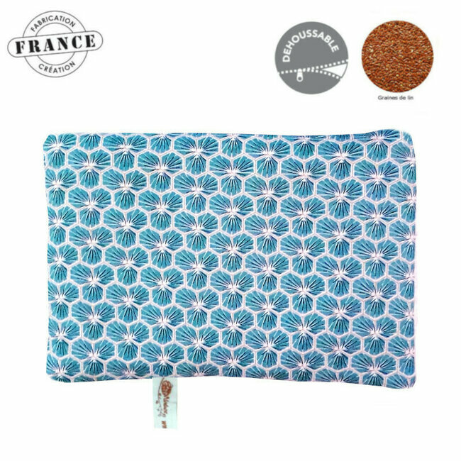 Bouillotte sèche naturelle "Fleurs turquoises" avec graines de lin bio 