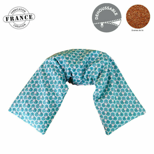 Bandeau naturel chauffant Cervicales et dos "Fleurs turquoises" en lin bio 