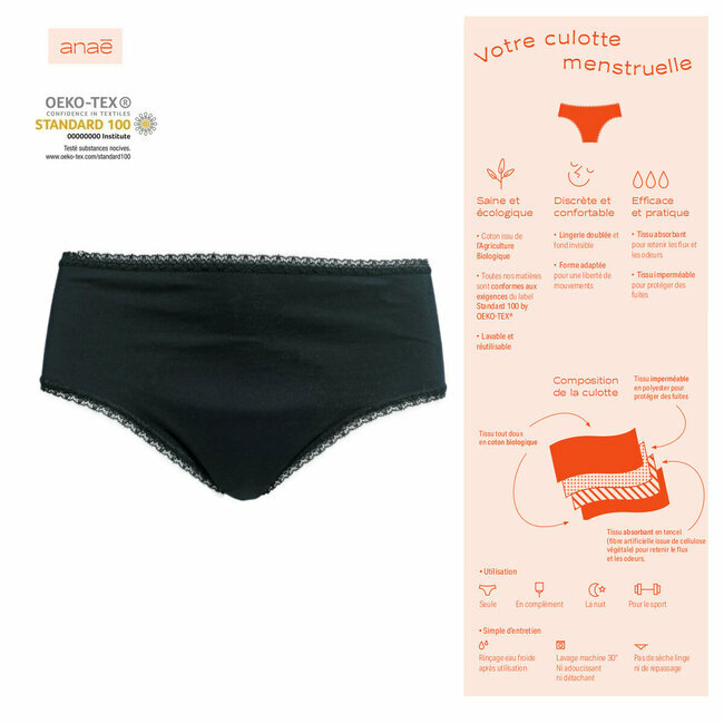 Culotte de règles abondantes Anaé - Shorty menstruel Ado/Femme Flux  abondant