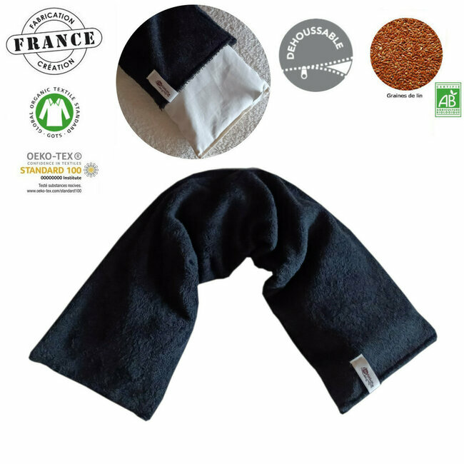 Bandeau naturel chauffant Cervicales et dos en lin bio et housse bambou noir